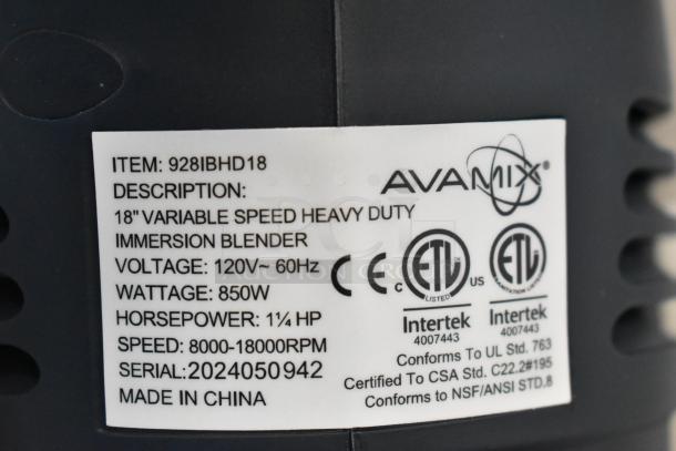 AvaMix 928IBHD18 18" Heavy-Duty Immersion Blender, 1 1/4 hp, 120V, 850W, variable speed, new scratch and dent, serial 2024050942.