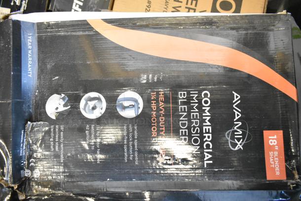 3 Brand New AvaMix 928IBHD18 heavy-duty immersion blenders, 18" variable speed, 1 1/4 hp, 120V. Scratch and dent.