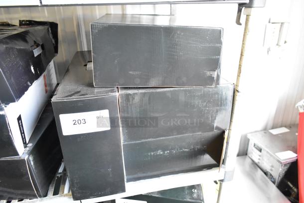 Four new AvaMix 928IBHD18 immersion blenders in black boxes, marked with "203 QTY X4." Heavy-duty, 1 1/4 hp, 120V.