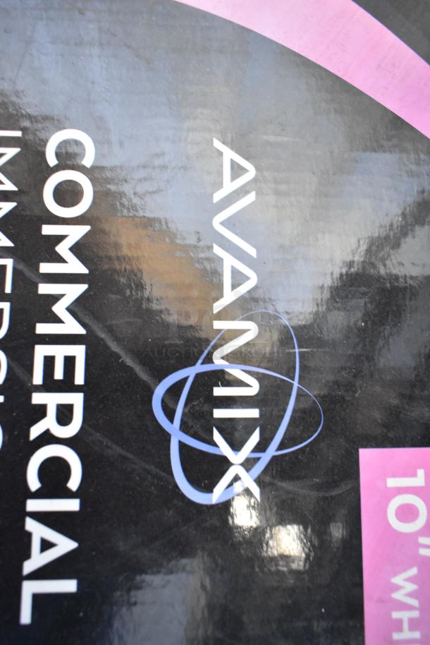 Alt text: AvaMix 928IBHDW10 Heavy-Duty Immersion Blender box, 10" whisk, 1 1/4 hp, 120V, scratch and dent condition.