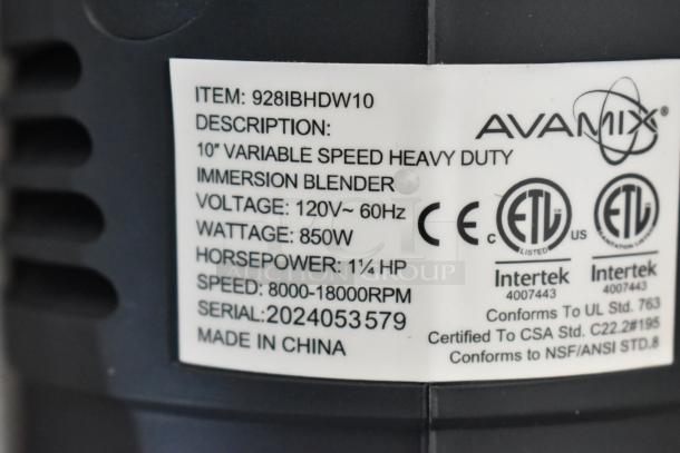 AvaMix 928IBHDW10 immersion blender label showing model, voltage, wattage, horsepower, speed, and certifications.