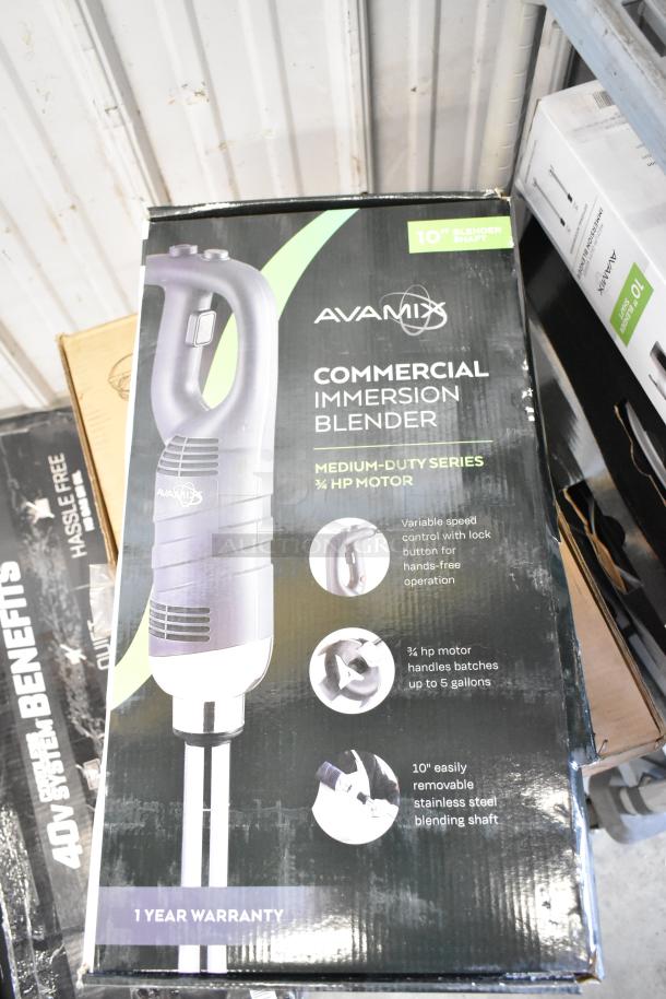 Brand new AvaMix 928IBMD10 immersion blender in box; 10" shaft, 3/4 hp motor, variable speed, 1-year warranty; minor dents on box.