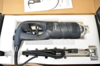 Brand new AvaMix 928IBMD10 10" immersion blender, 3/4 hp, variable speed, 120V. Includes power cord, light scratches visible.