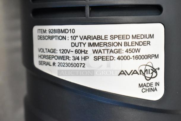 Brand new AvaMix 928IBMD10 10" immersion blender, 3/4 hp, 120V, variable speed 4000-16000 RPM, "Made in China" label.