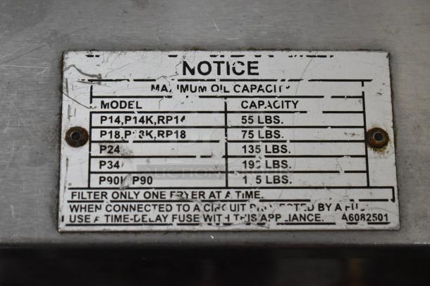 Pitco Frialator stainless steel commercial fryer oil filtration system with capacity chart. Mounted on commercial casters.