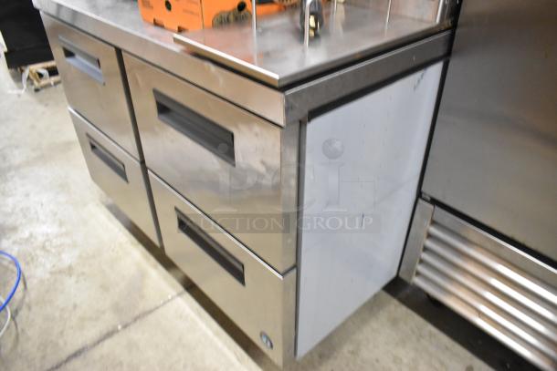 2018 Hoshizaki CRMF48-WD4 stainless steel 4-drawer worktop cooler on casters, 115V, 1-phase, commercial use.