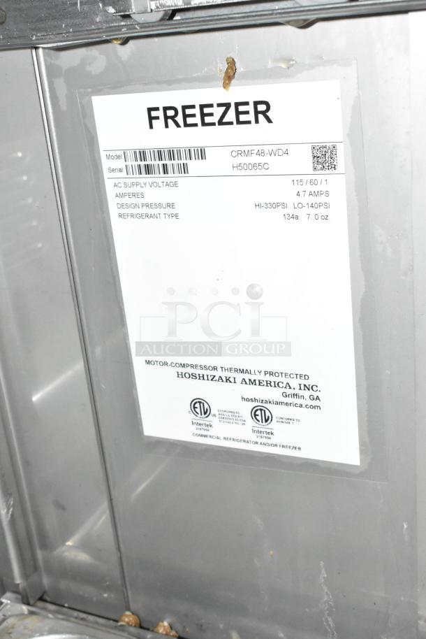 2018 Hoshizaki CRMF48-WD4 commercial cooler label, stainless steel, 115V, 4-drawer, on casters, refrigerant info.