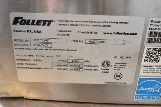 2019 Follett HCD710ABT stainless steel ice machine, 759 lb capacity, 115 volts, 1 phase; details on energy and pressure.
