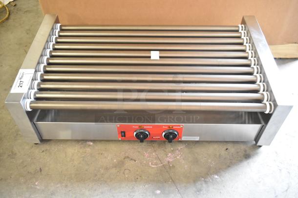 BRAND NEW Avantco 177RG1850SLT hot dog roller grill, stainless steel, 11 non-stick rollers, 120V, slanted design.