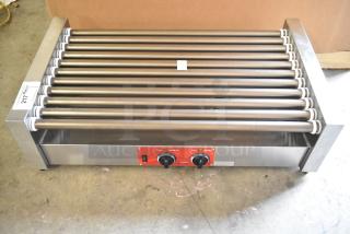 BRAND NEW Avantco 177RG1850SLT hot dog roller grill, stainless steel, 11 non-stick rollers, 120V, slanted design.