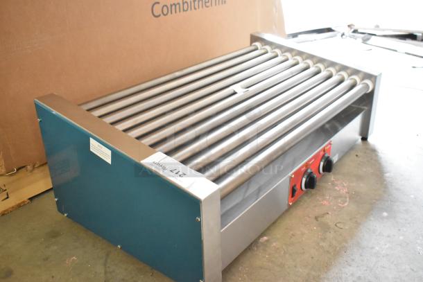 Brand new Avantco 177RG1850SLT commercial hot dog roller grill, 11 non-stick rollers, stainless steel, 120V, slanted design.