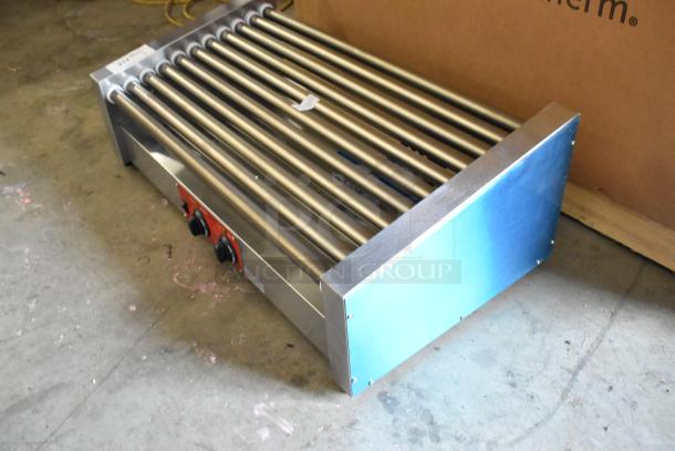 Avantco 177RG1850SLT stainless steel hot dog roller grill, 11 non-stick rollers, slanted design, 120V, brand new scratch and dent.