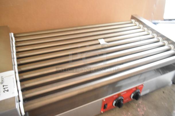 Brand new Avantco 177RG1850SLT stainless steel countertop hot dog roller grill, 11 non-stick rollers, 120V, minor scratches.