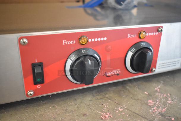 Alt text: Close-up of Avantco 177RG1850SLT control panel with front and rear heat settings, brand logo visible.