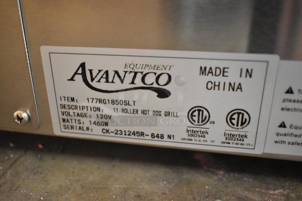 Brand new Avantco 177RG1850SLT stainless steel hot dog roller grill, 11 non-stick rollers, 120V, 1460W, scratch and dent condition.