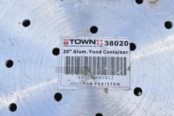 Town 38020 150 Qt. tapered aluminum colander with handles, labeled as 20" alum. food container. Visible wear. Made in Pakistan.