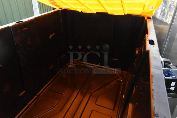 3 Members Mark 27 Gallon Black Poly Totes, interior view, open yellow lid, used condition, bid for triple quantity.