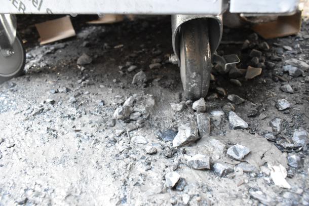 QualServ stainless steel portable sink, brand new but scratch and dent condition, shown on commercial casters.