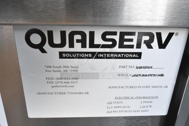 QualServ stainless steel portable sink, brand new, scratch and dent, on commercial casters. Tag lists contact and electrical info.