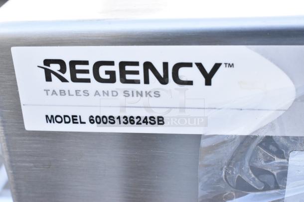 Brand new Regency 600S13624SB 36"x24"x13" utility sink with minor scratches and dents, label shows for 8" center faucet.