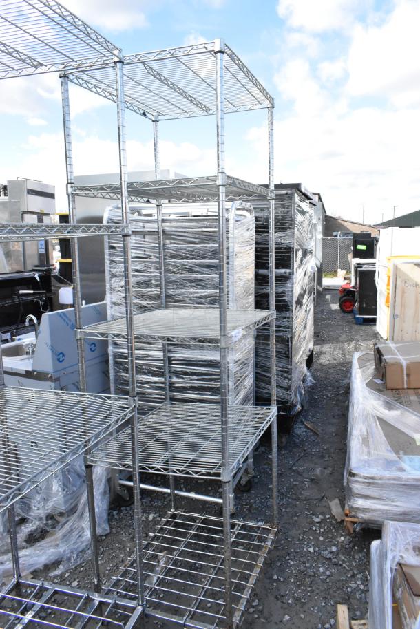 Metro chrome finish 5-tier wire shelving unit, outdoor setting, undismantled, buyer must dismantle, freight charges apply.