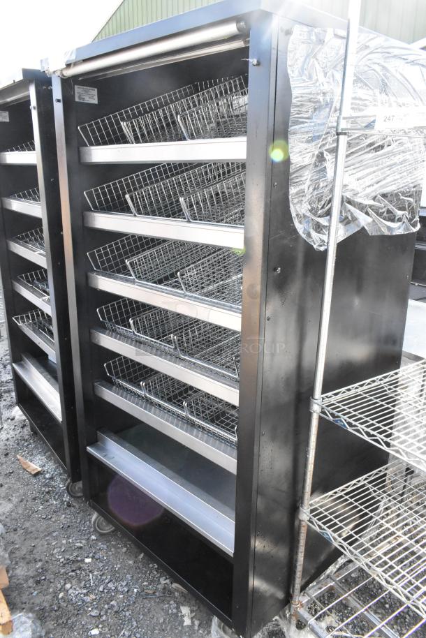 Vulcan 1013776 metal bakery display rack with casters and metal baskets, excellent condition, ideal for pastries and donuts.