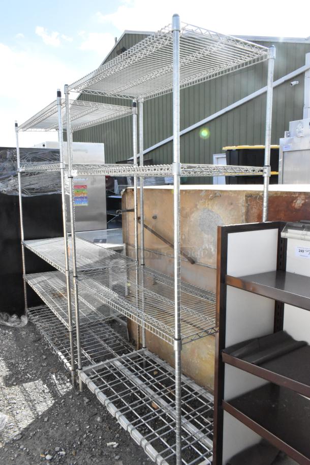 Metro 4-tier chrome wire shelving unit, dismantling required. Durable, ample storage, outdoor setting. Consider freight costs.