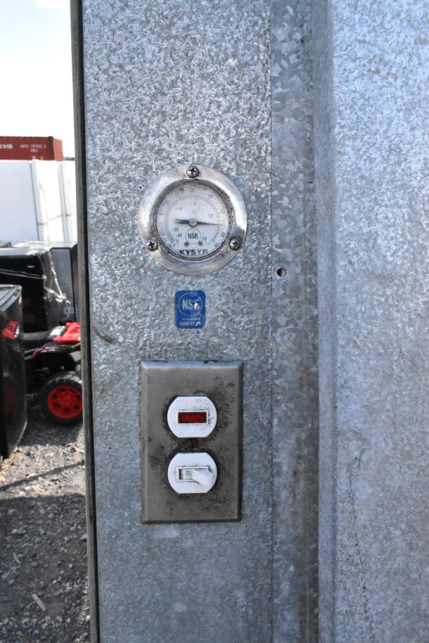 Kysor Walk In Door with Frame, galvanized steel, features temperature gauge, NSF certification label. Good condition.