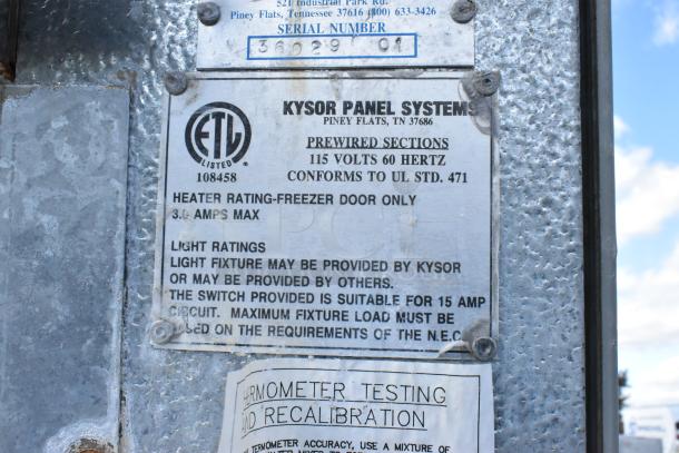 Kysor Walk In Door with Frame, labeled Kysor Panel Systems, 115V 60Hz, conforms to UL std. 471, max 3.6 amps.