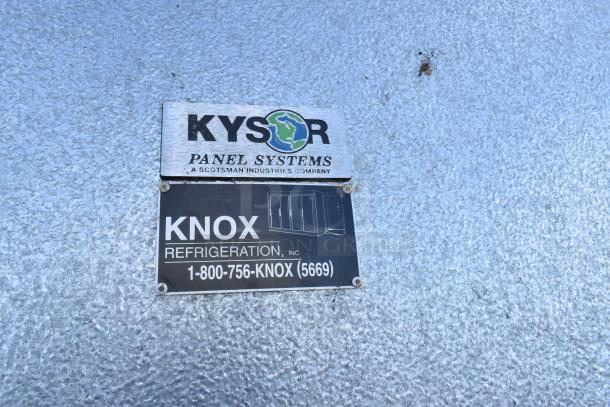 Kysor Walk-In Door with frame. Features Kysor Panel Systems and Knox Refrigeration labels, indicating model and contact info.