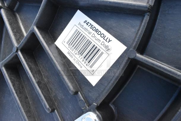 Label on Lavex 475DRDOLLY 550 lb. Industrial Drum Dolly. Text includes model number and "Made in China."
