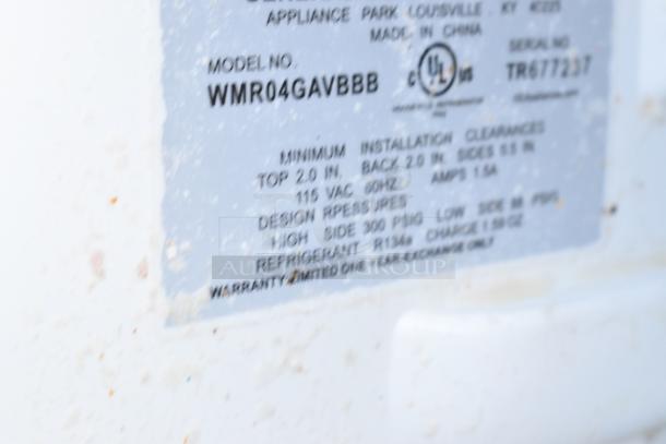 Label on mini cooler model WMR04GAVBBB, 115 VAC, 60Hz, 1.5A, R134a refrigerant. Auction includes 5 coolers.