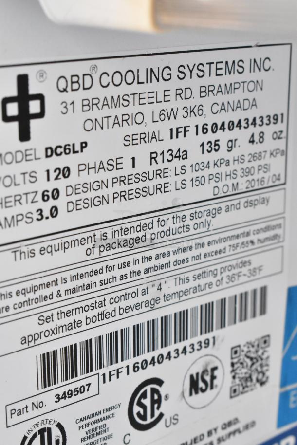 Label on QBD Cooling Systems mini cooler, model DC6LP, 120 volts, phase 1, R134a refrigerant. Part No. 349507.
