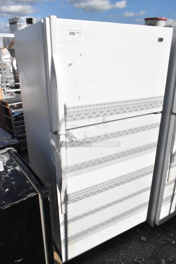 Maytag M1TXEGMYW01 single door cooler with freezer, white, fair condition, 115 volts, 1 phase, visible surface marks.