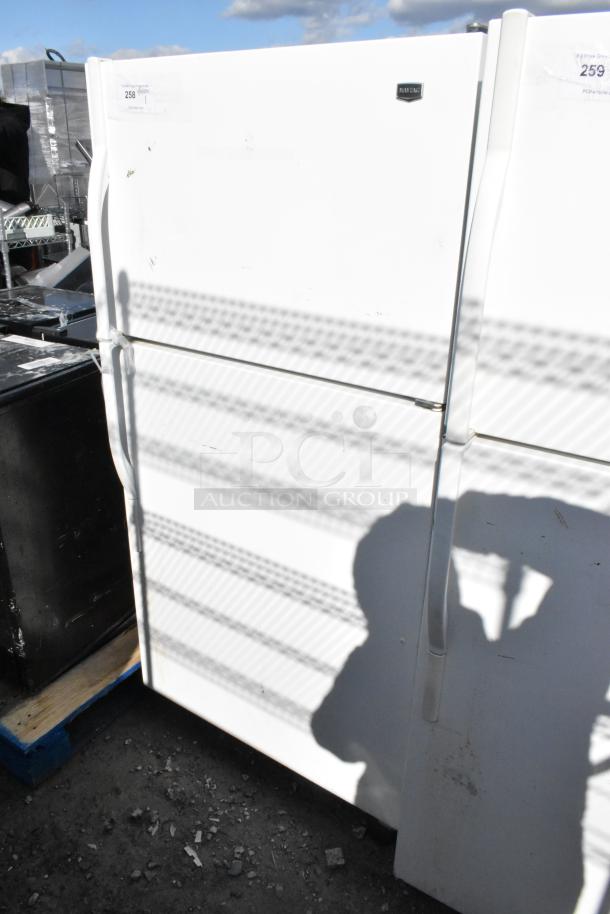 Maytag M1TXEGMYW01 single door cooler with freezer, white finish, visible branding, powered by 115 volts, 1 phase.