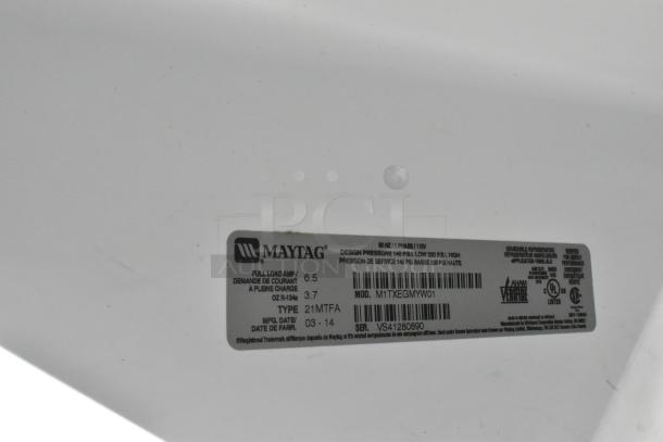 Maytag M1TXEGMYW01 cooler label showing model, 115 volts, 1 phase. Features 6.5 full load amps and R-134 refrigerant type.