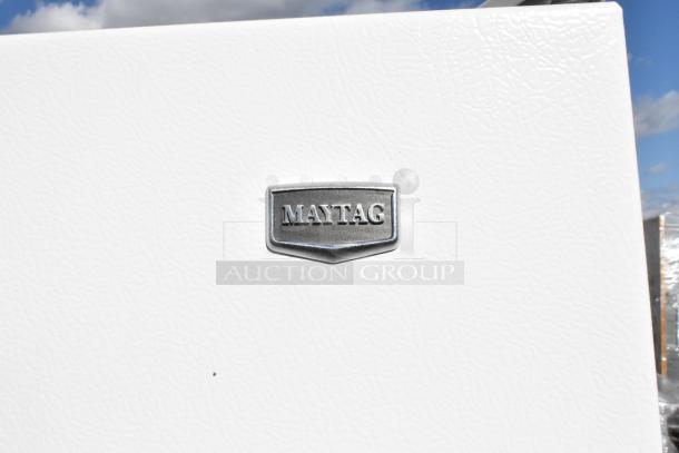 Maytag Reach In Cooler w/ Freezer, single door, 115 volts, 1 phase, Maytag logo shown on white exterior.