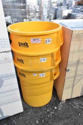Three brand new Lavex 475TCRND55YW 55-gallon yellow round trash cans with visible labels, scratch and dent condition.