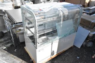 Brand new Avantco 193BC48HCW 48" white refrigerated bakery display case with curved glass; visible glass damage.