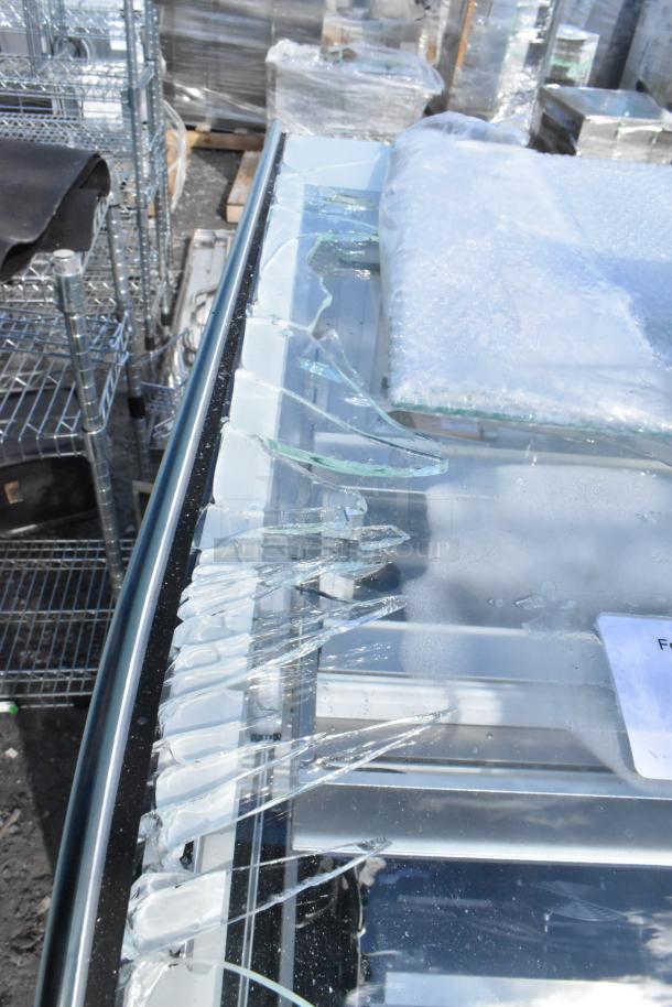 Avantco 193BC48HCW 48" bakery display case in white. Notable curved glass damage visible. 115V, 1 phase.