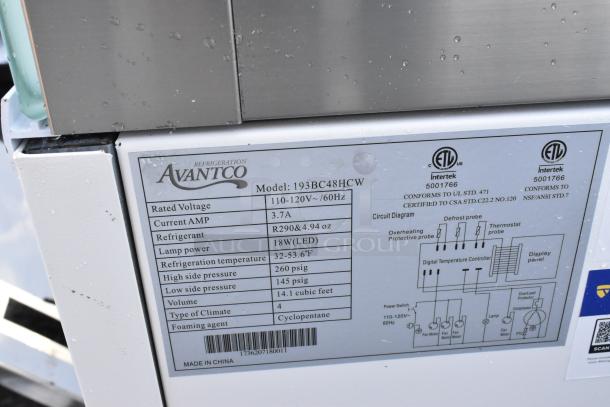 Avantco 193BC48HCW label showing model, voltage, current, refrigerant type, lamp power, and certification details.