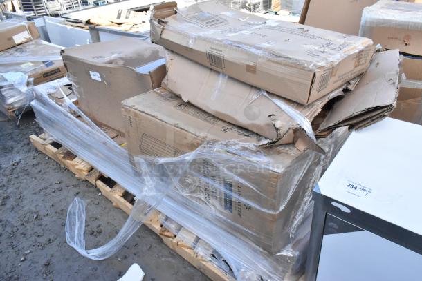 7 new Avantco 193BC48HCW items, scratch and dent condition, on pallet. Includes rain guard, work table, and more.