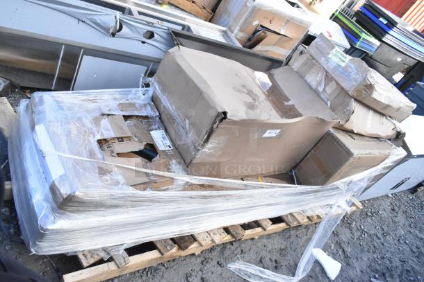 7 brand new Avantco items including a rain guard, work table, cast iron table base plate, step stool; model 193BC48HCW.