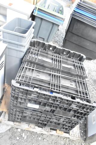 Stack of 5 Orbis black poly bins on pallet, used condition, marked with labels indicating manufacturer and capacity.