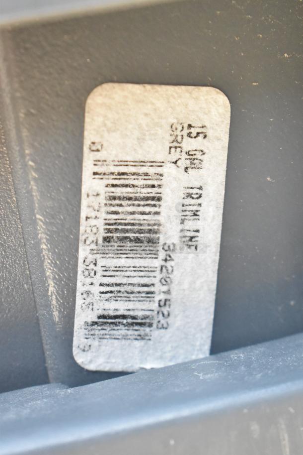 Label on Orbis black poly bin showing barcode and text "15 GAL TR IM NF GREY 342051523".