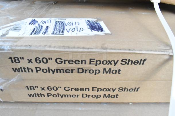 Cardboard boxes labeled "18" x 60" Green Epoxy Shelf with Polymer Drop Mat," with clear packing tape and "VOID" markings.