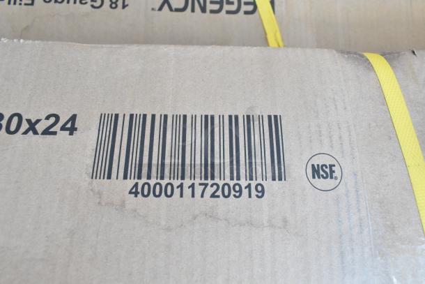 Cardboard box showing barcode 400011720919 and NSF logo. Box holds 30x24 Regency stainless steel equipment filler table.