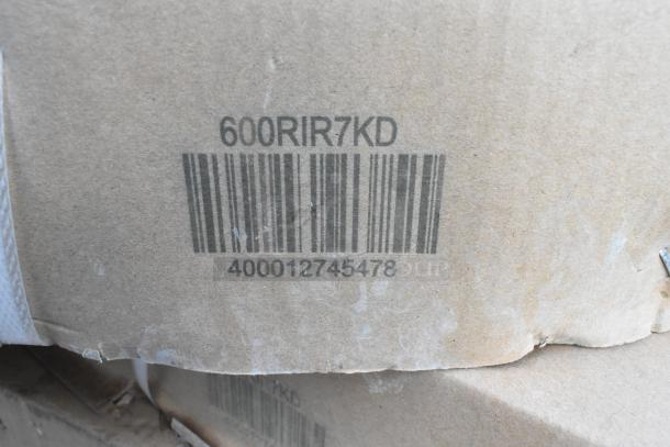 Barcode on cardboard box with model number 600RIR7KD, indicating a Regency Rack item.