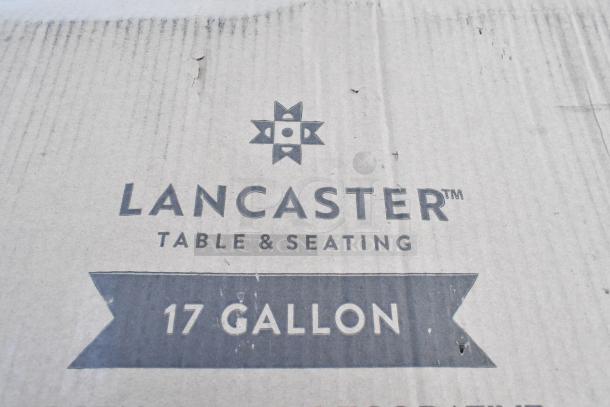 Cardboard box with "Lancaster Table & Seating, 17 Gallon" printed on it. Shows brand and item capacity details.