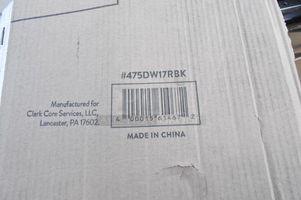 Cardboard box with barcode and model #475DW17RBK for Lancaster Table & Seating 17 Gallon Trash Can, made in China.